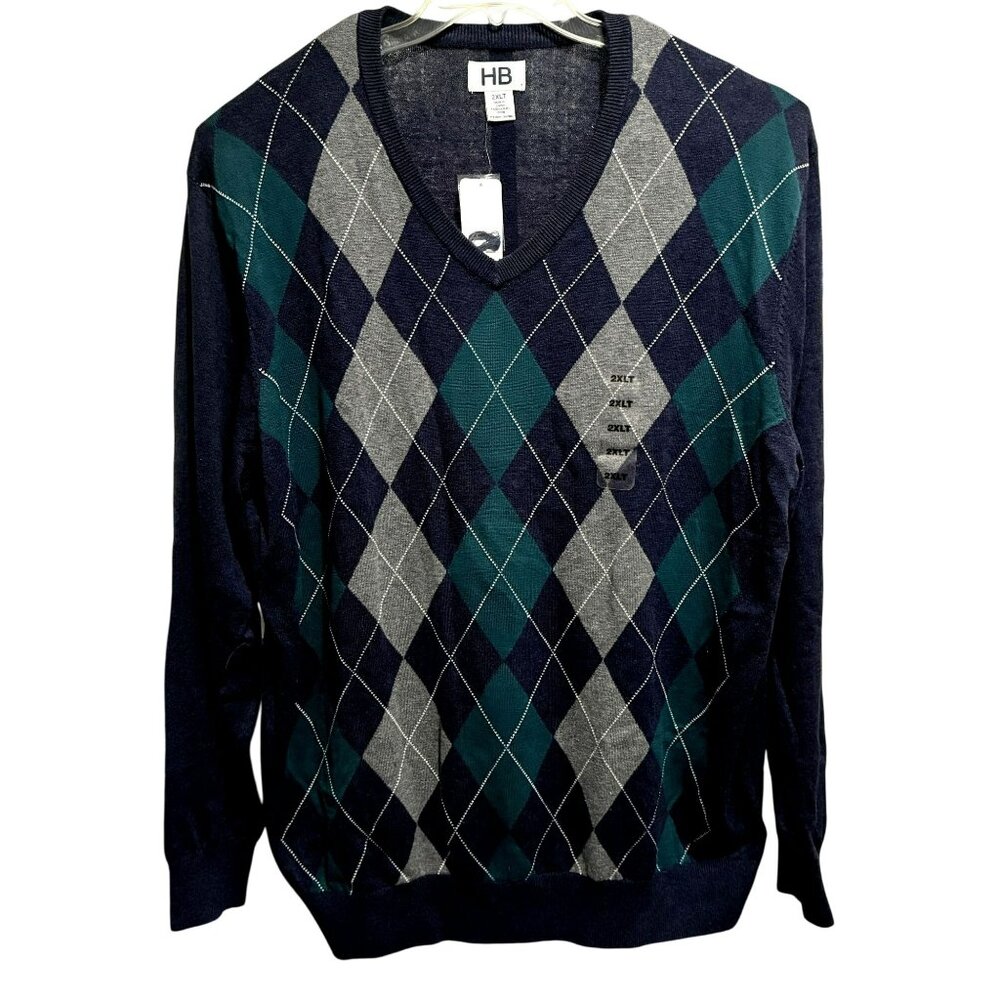 Mens Navy Argyle Sweater 2XLT Long Sleeve V-Neck Pullover Harbor Bay Preppy NWT